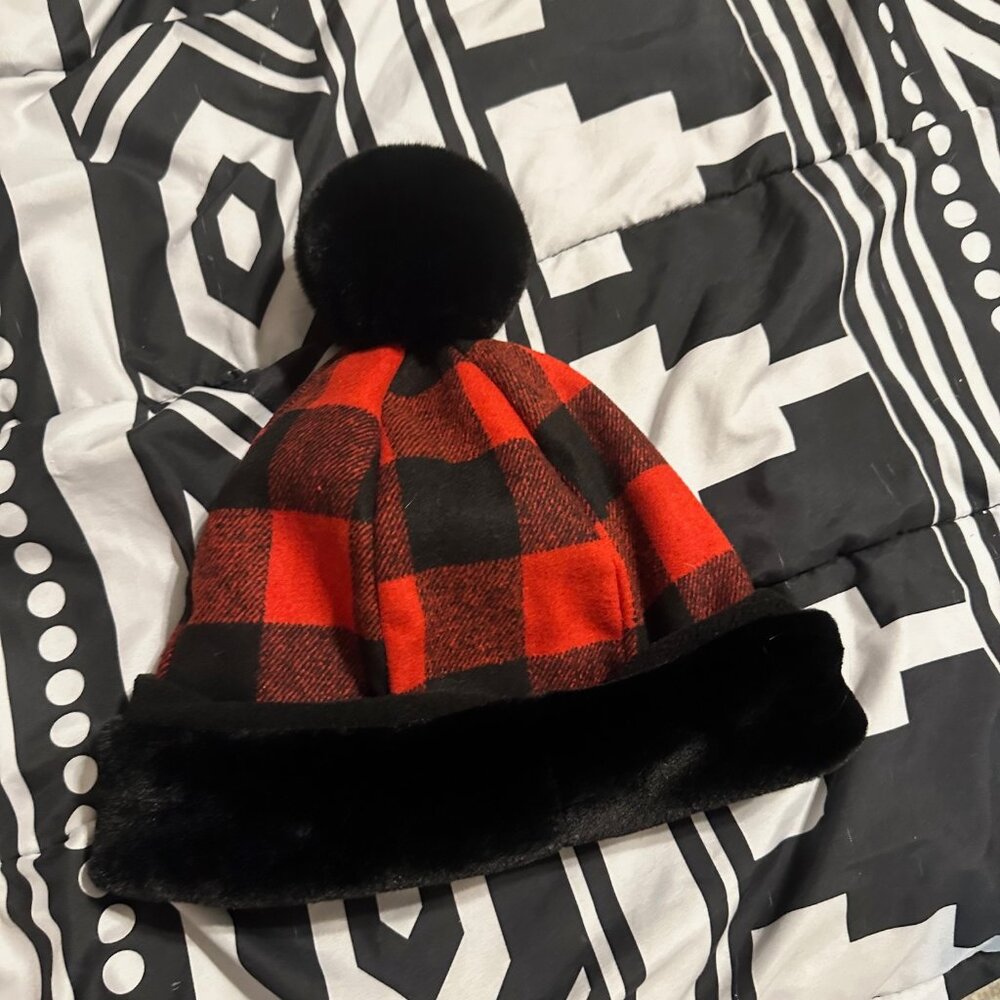 Buffalo Plaid Winter Hat with Faux Fur Trim & Pom Pom